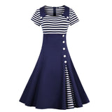 Vintage Retro Cotton Black Navy Blue Striped Patchwork Robe Pin Up Swing Women Casual Dresses