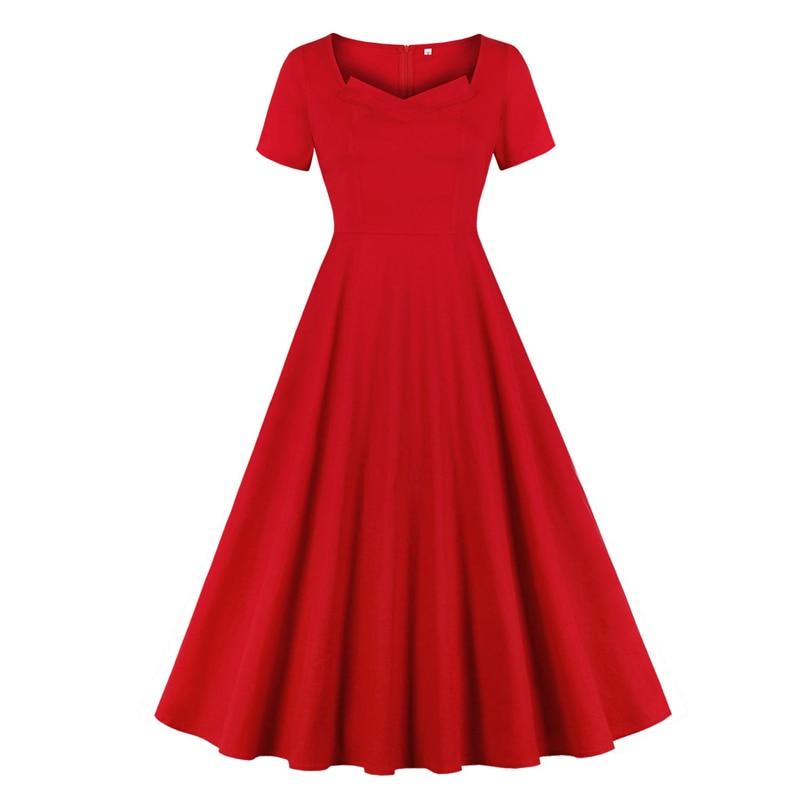 2021 Red Elegant High Waist Women Long Tunic Dress Short Sleeve 50s Vintage Party Clothes Ladies A Line Cotton Retro Dresses