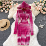 Long Sleeve Hooded Knitted Striped Dresses Women Autumn Winter Casual Sweater Dress