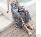 Women Loose Elegant Pant Female  Boho Floral-Print Elastic High-Waist  Wide-Leg Beach Summer Chiffon Wide Trouser