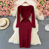 Sweetheart Neck Long Sleeve Elegant Knitted Dress Autumn Winter Slit Sexy Bodycon Dress