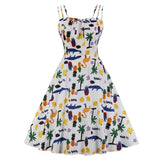 Multicolor Graphic Print Cute Bow Front Summer Swing Dress Women Retro Spaghetti Strap Pin Up Party Dresses Vintage