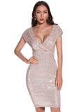 Gold Sequin Bodycon Dress Women Sexy Elegant V Neck Celebrity Runway Party Evening Dress