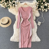 Fall Winter Midi Elegant V Neck Long Sleeve Knitted Dress Side Slit Striped Sexy Bodycon Dress