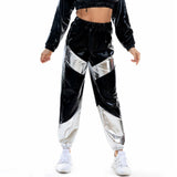 Women Reflective Long Pants with Pockets High Waist Loose Holographic Patchwork Trousers Club Dance Jogger Clubwear