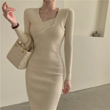 Fall Winter Midi Dresses For Women Elegant V Neck Long Sleeve Casual Chic Ribbed Knitted Dress Sexy Bodycon Dress