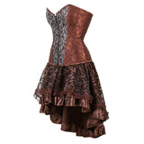 Women Steampunk Floral Lace Corset Dress Vintage Gothic Overbust Corset Bustier Lingerie Top With Asymmetrical Skirt Set Brown