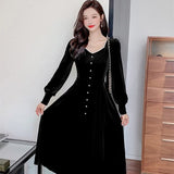 Women Chic Square Collar Dresses Vintage A-Line Vestidos Elegant Lantern Sleeve Female Party Dress
