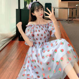 Strawberry Dress Women French Style Lace Chiffon Sweet Dress Casual Puff Sleeve Elegant Printed Kawaii Dress Women 2021 New