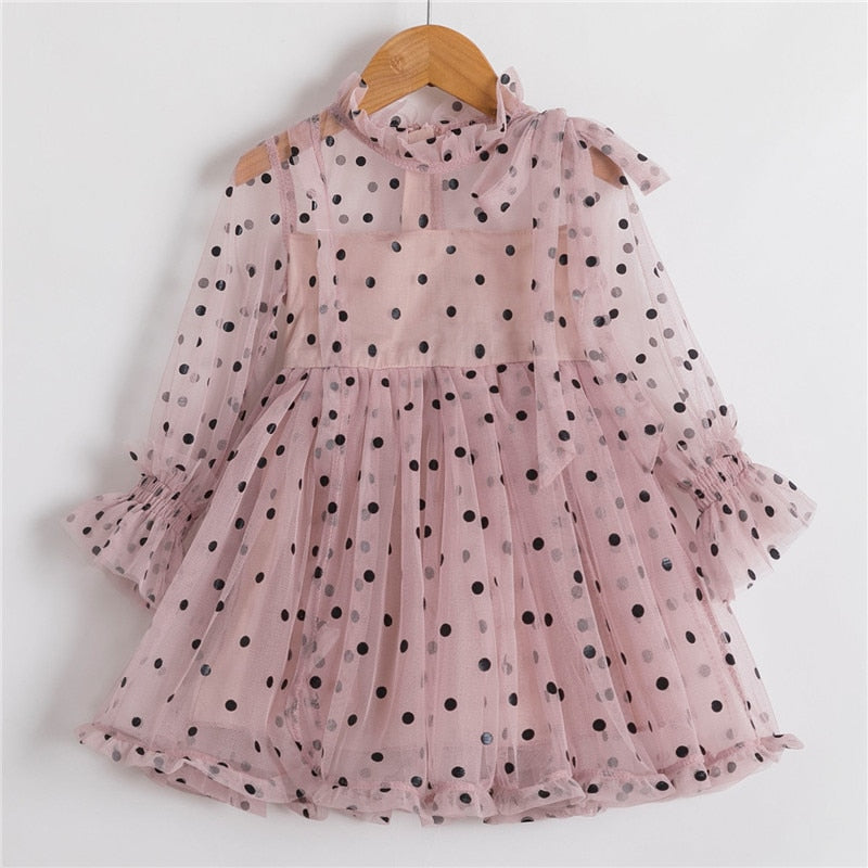 Elegant Girls Princess Dress Spring Summer Kids Mesh Tulle Polka Dots Bowknot Dresses 3 to 8 Year Children Party Costume Clothes