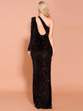 Sequins Dinner Party Evening Dress Long Dress For Lady One-shoulder Sexy High Split Formal Gowns Black Flounces Robe De Soriee