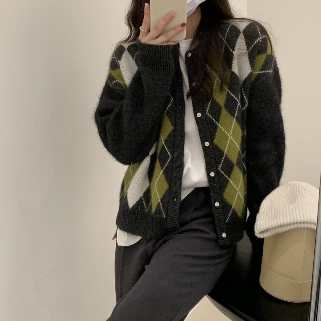 Autumn Women Single-breasted Argyle Cardigans Casual Knitted Sweater Coat Streetwear