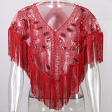 Women 1920s Sequined Shawl with Tassels Beaded Pearl Fringe Sheer Mesh Wraps Gatsby Flapper Bolero Cape Cover Up