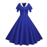 Blue Button Up Summer Casual Solid Fit and Flare Vintage Robe Elegant Polyester Dress