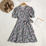 Beach Vintage Floral Print Wrap Dress Belted V Neck Short Puff Sleeve Mini Dress