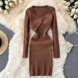 Women Asymmetric Neck Mini Dress Long Sleeve Autumn Winter Knitted Dress Night Club Sexy Bodycon Dress