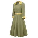 Button Shirt Vintage A Line Women Party Dress With Belt Retro Vintage 60s Sundress Green 3/4 Long Sleeve Swing Rockabilly Dress