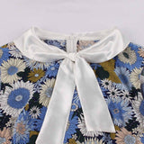 Knot Neck Multicolor Floral Print Vintage Belted Pleated Dress