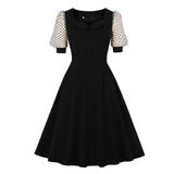Night Elegant Black Vintage Swing Women Dotted Mesh Puff Sleeve High Waist Rockabilly Retro Dress