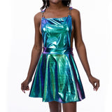 Glitter Laser Hologram A-line Gradient Color Sexy Backless Sleeveless Mini Dress