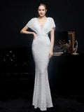 Women White Sequin V Neck Beaded Party Dress Elegant Prom Dress