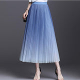 Summer Gradient Pattern A-line Pleated Long Women Tulle Skirt Streetwear Elegant Elastic Waist Midi Skirt