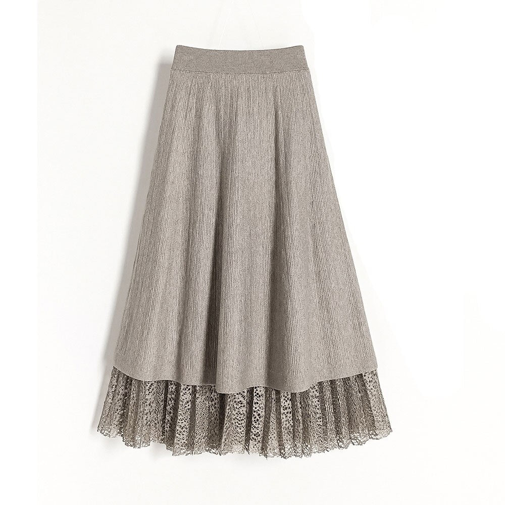 Women Elastic High Waist Elegant A-Line Lace Knit Pleated Skirts