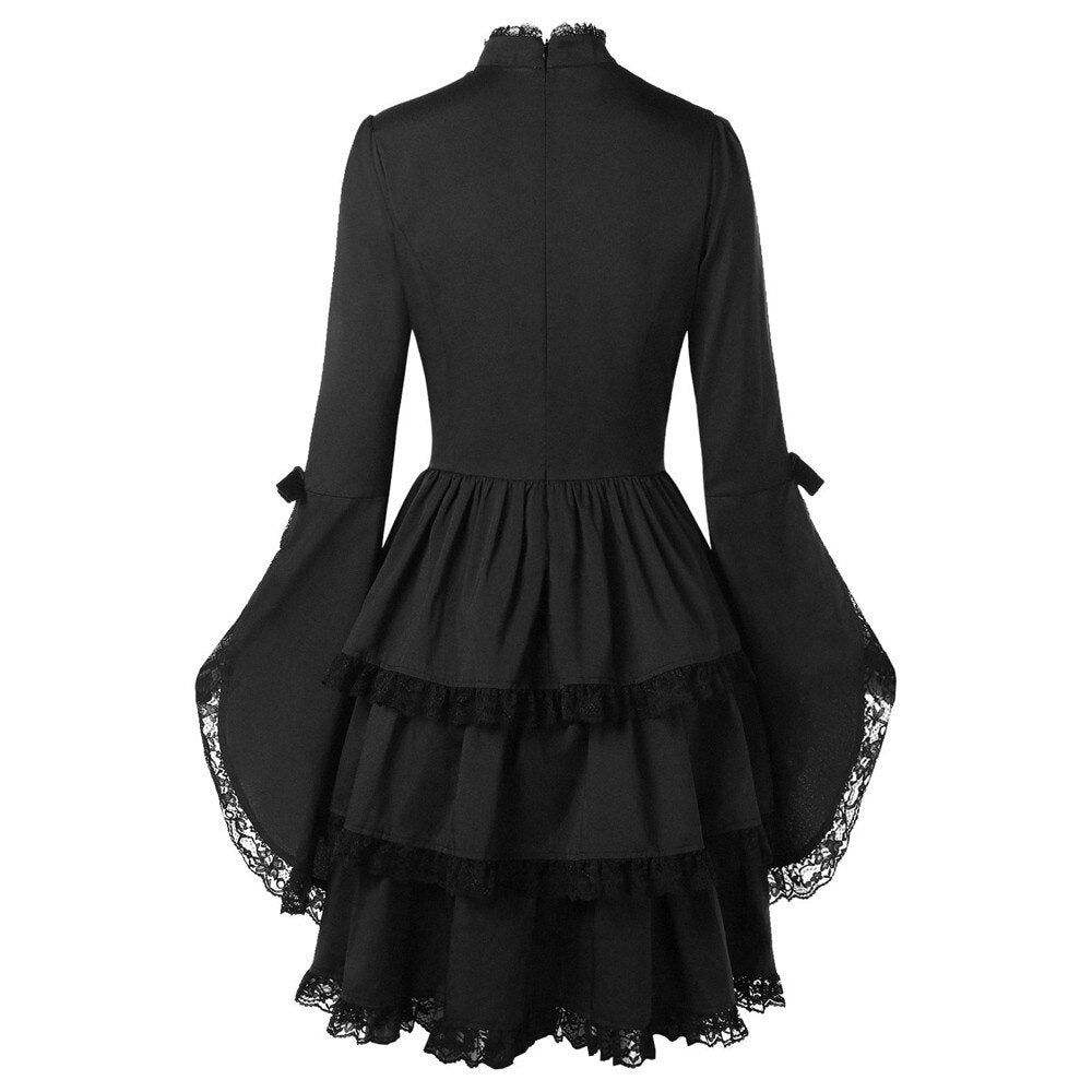 Ruffle Women Gothic Punk Cake Dress Long Flare Sleeve Black Mesh Sawing Mini Sundress Vintage Lace Up Goth Retro Party Dresses