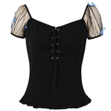 Gothic Cotton Women Vintage Tops Lace Up Bust 50s 60s Chemise Femme Puff Sleeve Butterfly Solid Black Women Shirt Blouses