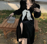 French Black Velvet Midi Dress Women Korean Fashion Evening Party Dress Office Lady Bow Design Lace Vintage Dress 2021 Autumn