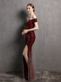 Sexy Backless Off Shoulder Evening Dress Slim Slash Neck Sequins Formal Party Gown Side Split Women Vestidoes New