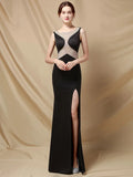 Women See Through Crystal Formal Black Party Maxi Dress Soft Satin V Neck Slit Evening Dress Long Prom Dress