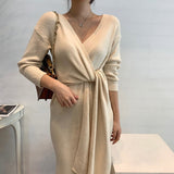 Crossover V Neck Long Sleeve Knitted Dress Autumn Winter Solid Waist Tie Chic Elegant Midi Dress