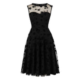 Floral Embroidered Mesh Overlay Elegant High Waist Black Sleeveless A Line Winter Party Dress