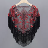 Women 1920s Sequined Shawl with Tassels Beaded Pearl Fringe Sheer Mesh Wraps Gatsby Flapper Bolero Cape Cover Up