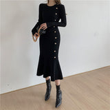 Autumn Winter Crew Neck Long Sleeve Ribbed Knitted Dress Elegant Ruffle Hem Bodycon Midi Dress