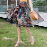 Womens Half-Long Skirt Elastic High-Waist Tencel Print Elegant Female Beach Holiday Floral Big-Swing Streetwear Female Bohemia