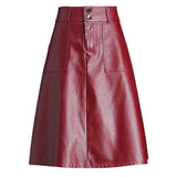 Office Midi Women Leather Maxi Skirt Ladies High Waist Pocket Autumn Red Black Formal Skirt