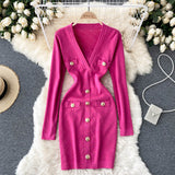 Autumn Winter Long Sleeve Office Elegant Knitted Dress Women Button Embellished Deep V Neck Sexy Mini Bodycon Dress