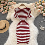Round Neck Short Sleeve Striped Knitted Mini Dress Summer Cut Out Sexy Night Club Bodycon Dress