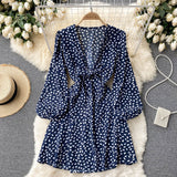 Spring Autumn Women Deep V Neck Tie Bow Print Casual Dress Elegant Vintage Long Sleeve Mini Dress