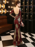 Women Elegant O Neck Backless Sequin Dress Formal Long Sleeve Evening Party Dress