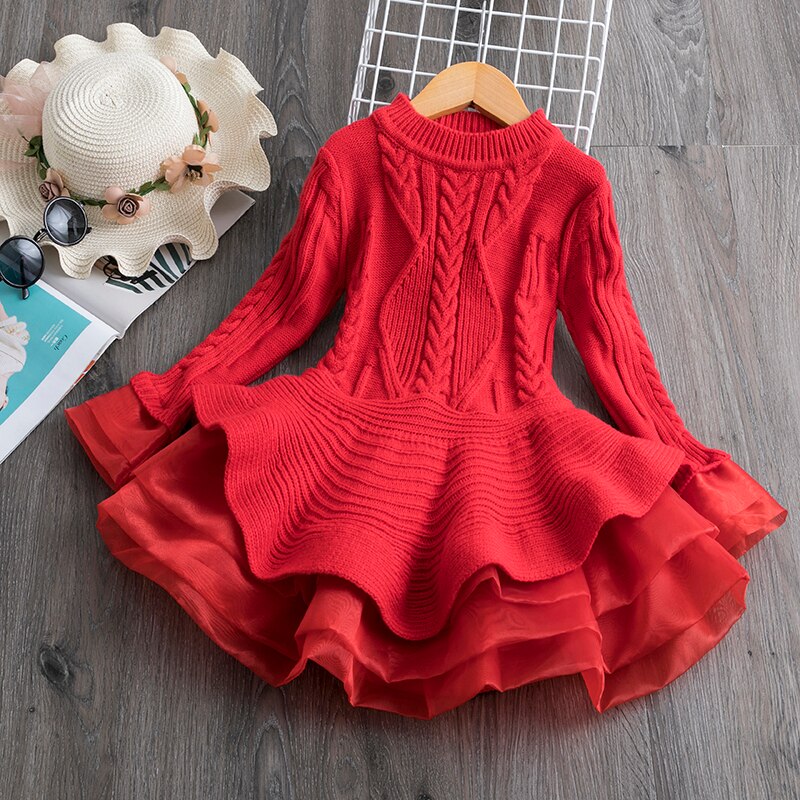 Kids Knitted Dresses For Girls Princess Tutu Long Sleeve Red Christmas Costume Children Thick Sweater Autumn Winter Clothes