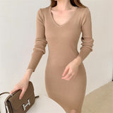 Women V Neck Long Sleeve Casual Knitted Dress Fall Winter Sexy Front Slit Midi Dress Elegant Ribbed Bodycon Dress
