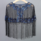 Women Vintage 1920s Shawl Beaded Sequin Fringe Flapper Bolero Sheer Floral Embroidery Mesh Shrug Cape Fancy Party Cover Up
