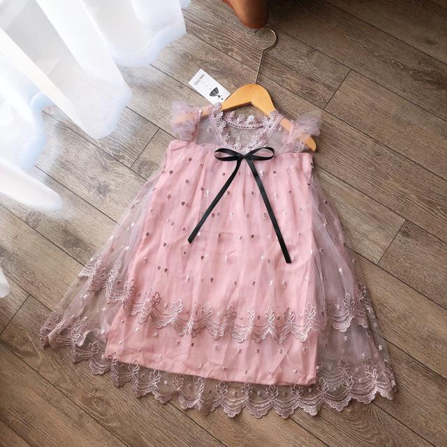 Girls Christmas Dresses for Kids Pink Lace Mesh Flower Embroidery Bowknot Princess Dress Children Cute Wedding Party Clothes