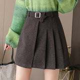 Ladies Elegant A-line Short Skirts Korean Style All-match Woolen High Waist Women Mini Skirt With Belts