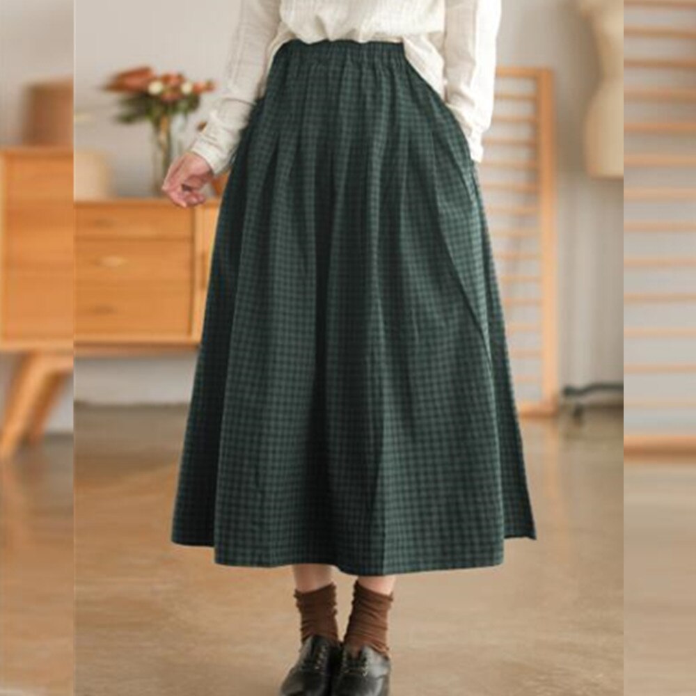 Japanese Style Elastic High Waist Long Women Vintage Plaid A-Line Pleated Skirts