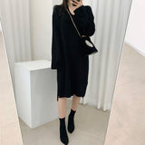 V Neck Long Sleeve Casual Sweater Dress Warm Fall Winter Solid Elegant Loose Knitted Midi Dress