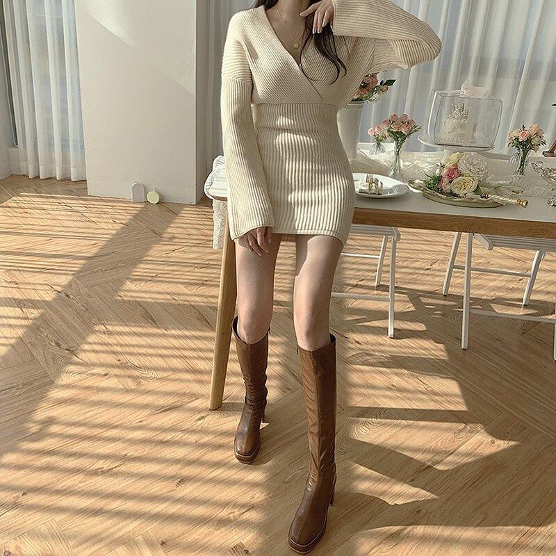 Drop Shoulder Long Sleeve Ribbed Sweater Dress Women Winter Crossover V Neck Night Out Sexy Mini Knitted Bodycon Dress